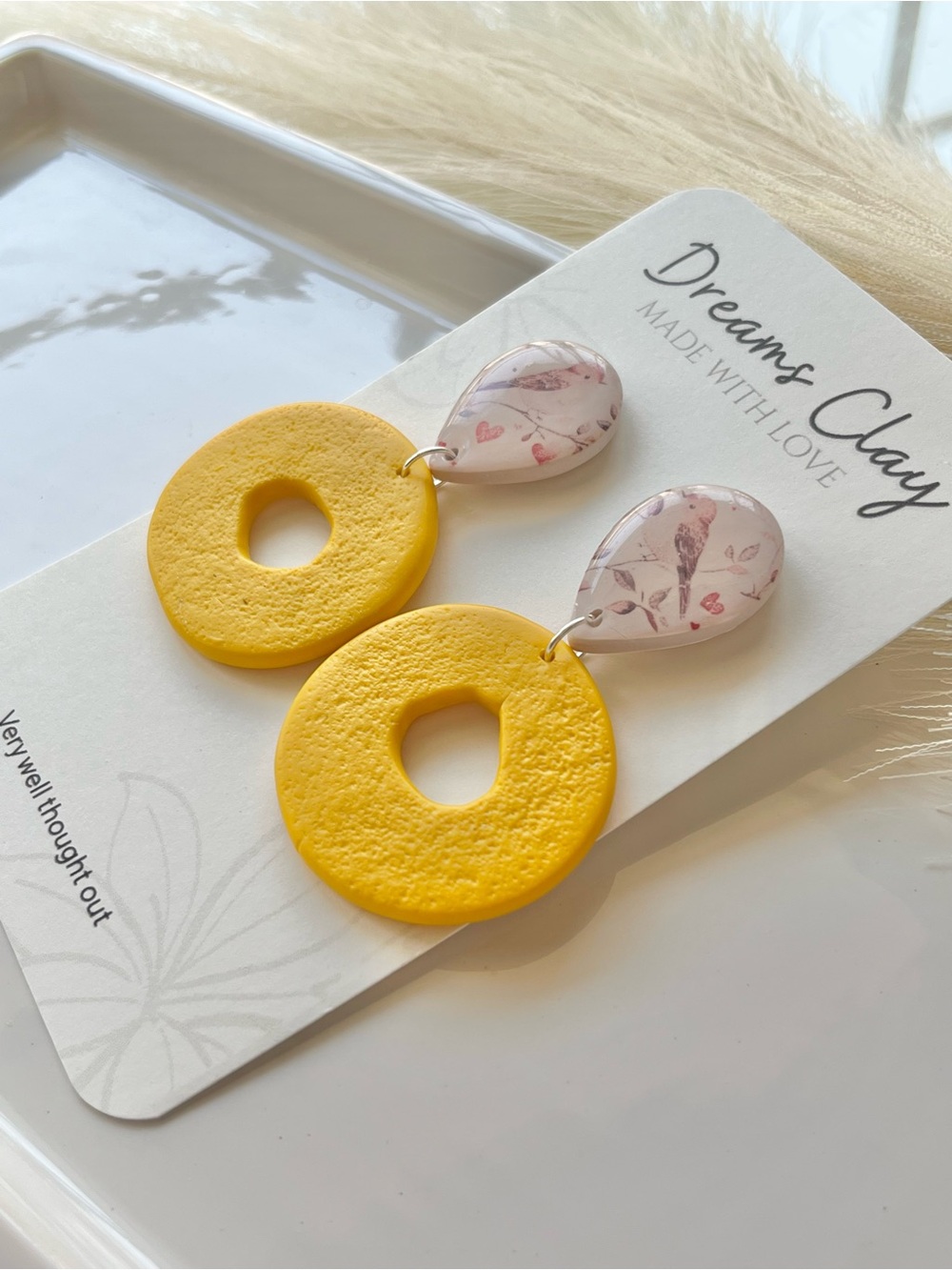 Yellow Circle Drop Earrings with Pink Bird Teardrops - Picture 2 of 5